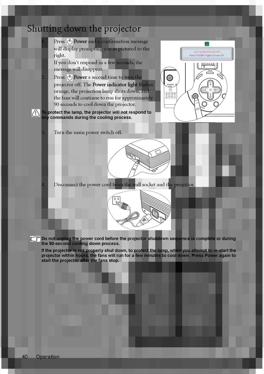 BenQ PB8253 user manual Shutting down the projector 