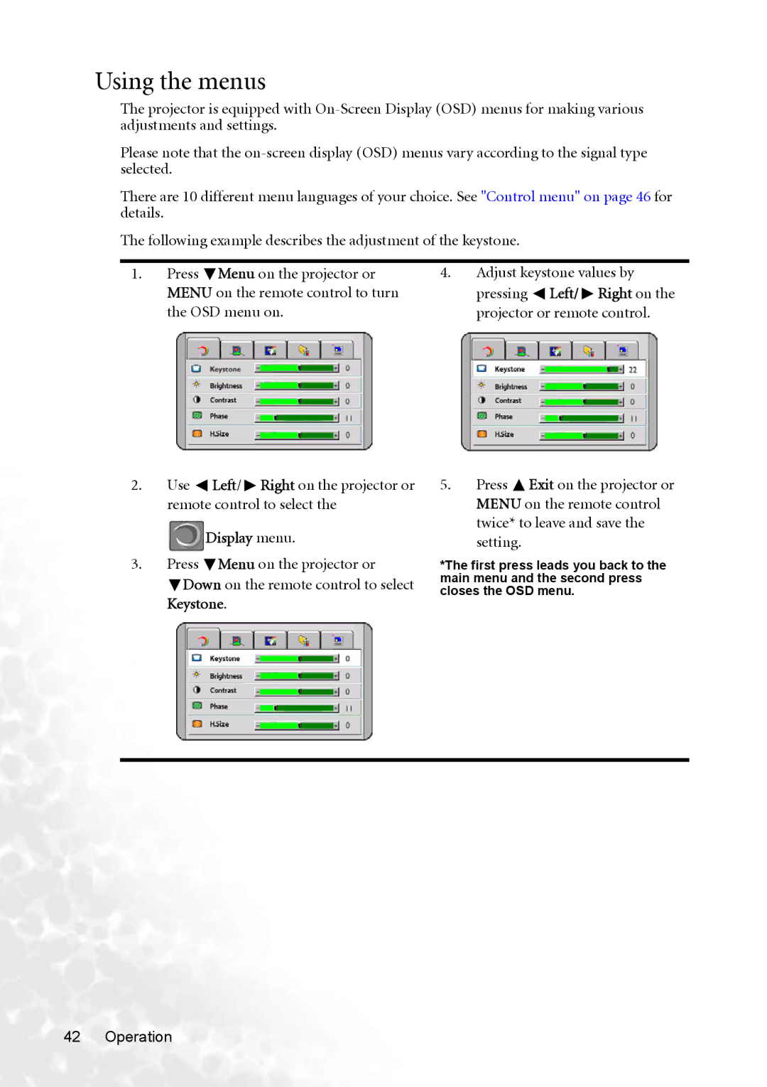 BenQ PB8253 user manual Using the menus, Pressing Left/ Right on the projector or remote control, Display menu 