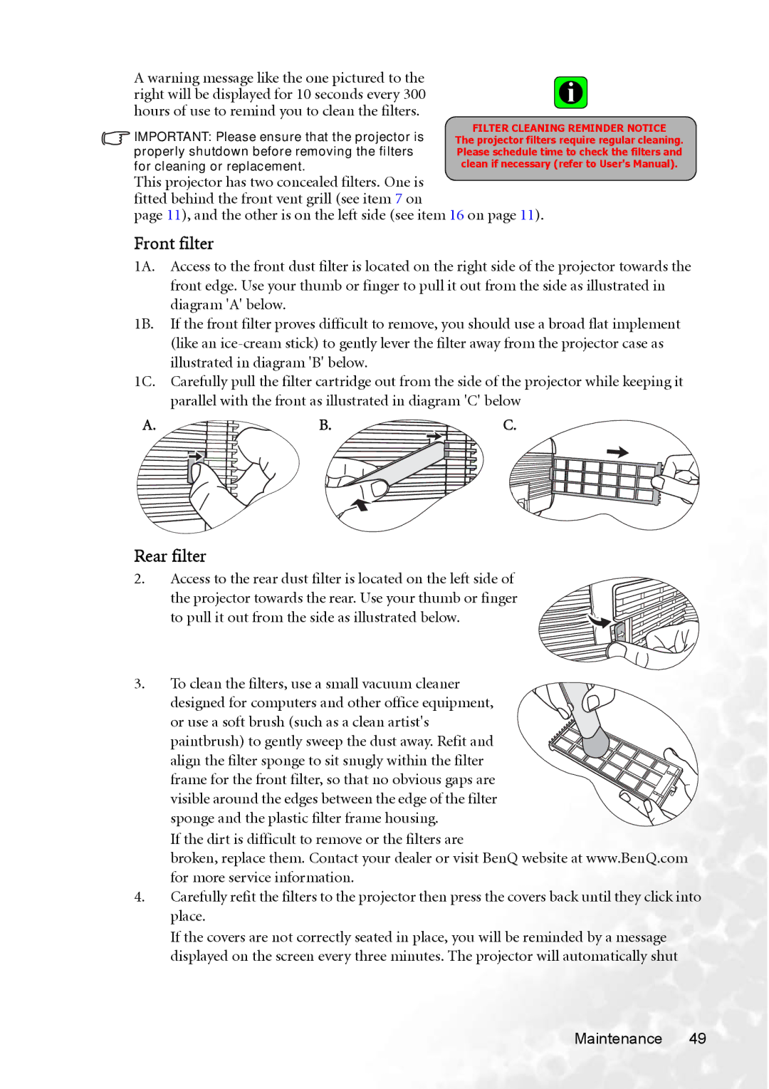 BenQ PB8253 user manual Front filter, Rear filter, 11, and the other is on the left side see item 16 on 