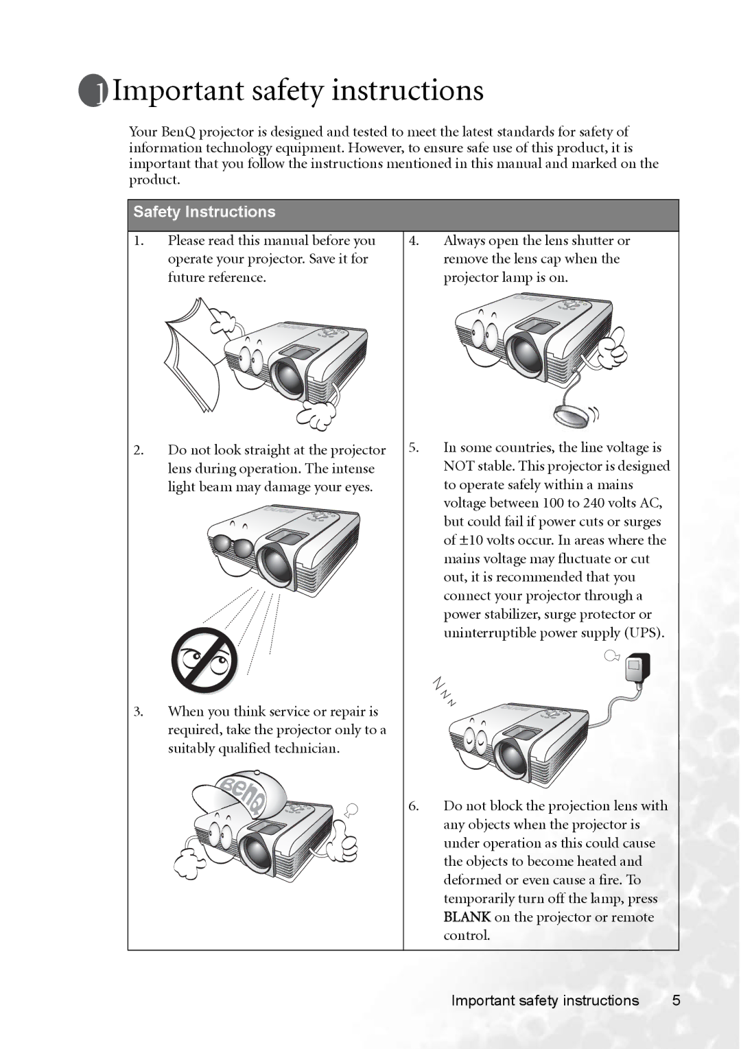 BenQ PB8253 user manual Important safety instructions, Safety Instructions 