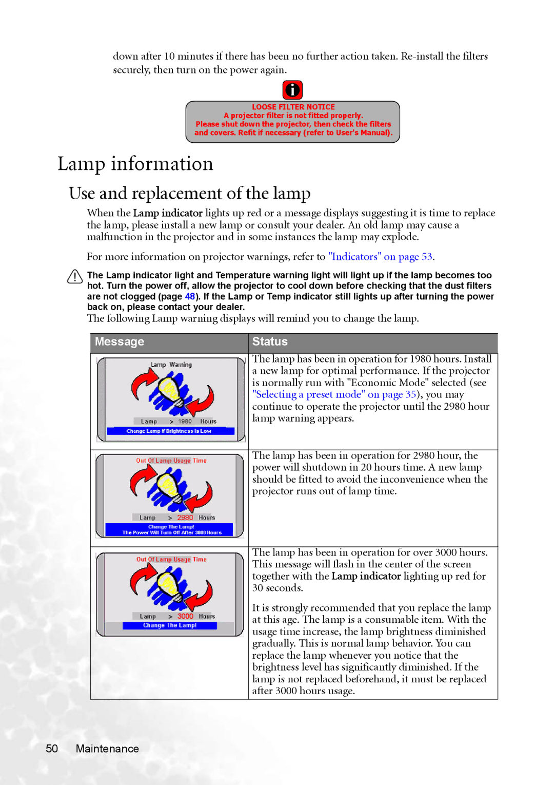 BenQ PB8253 user manual Lamp information, Use and replacement of the lamp 