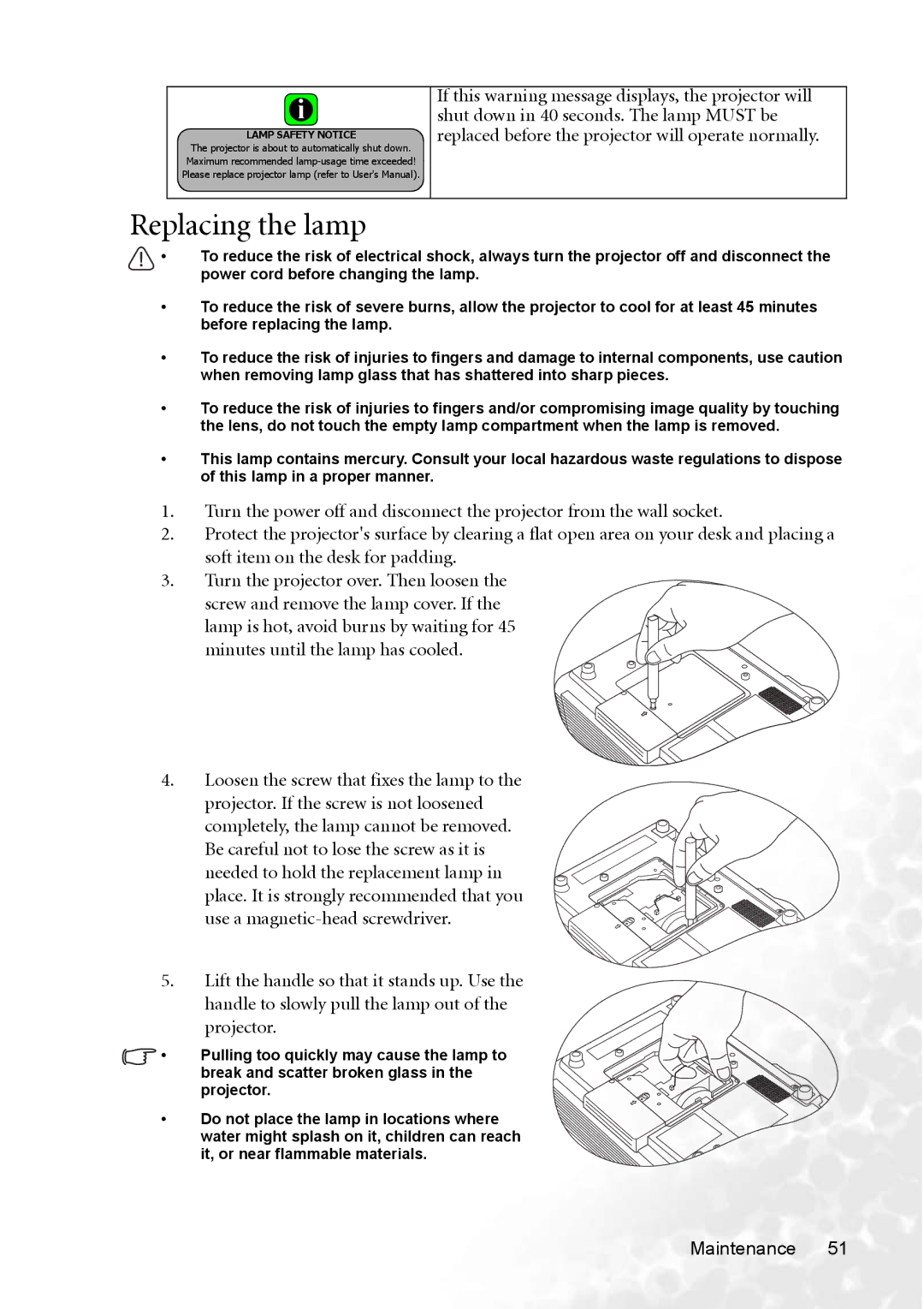 BenQ PB8253 user manual Replacing the lamp 