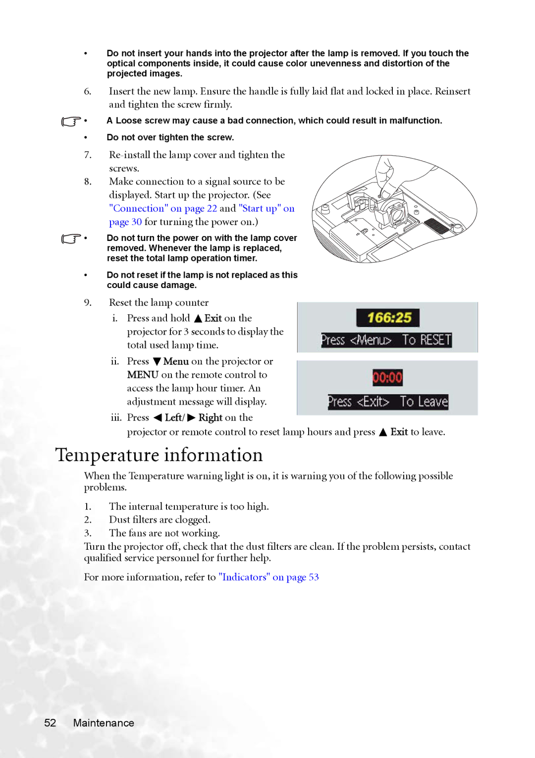 BenQ PB8253 user manual Temperature information 