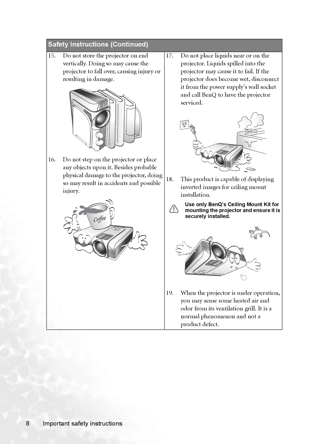 BenQ PB8253 user manual Safety Instructions 