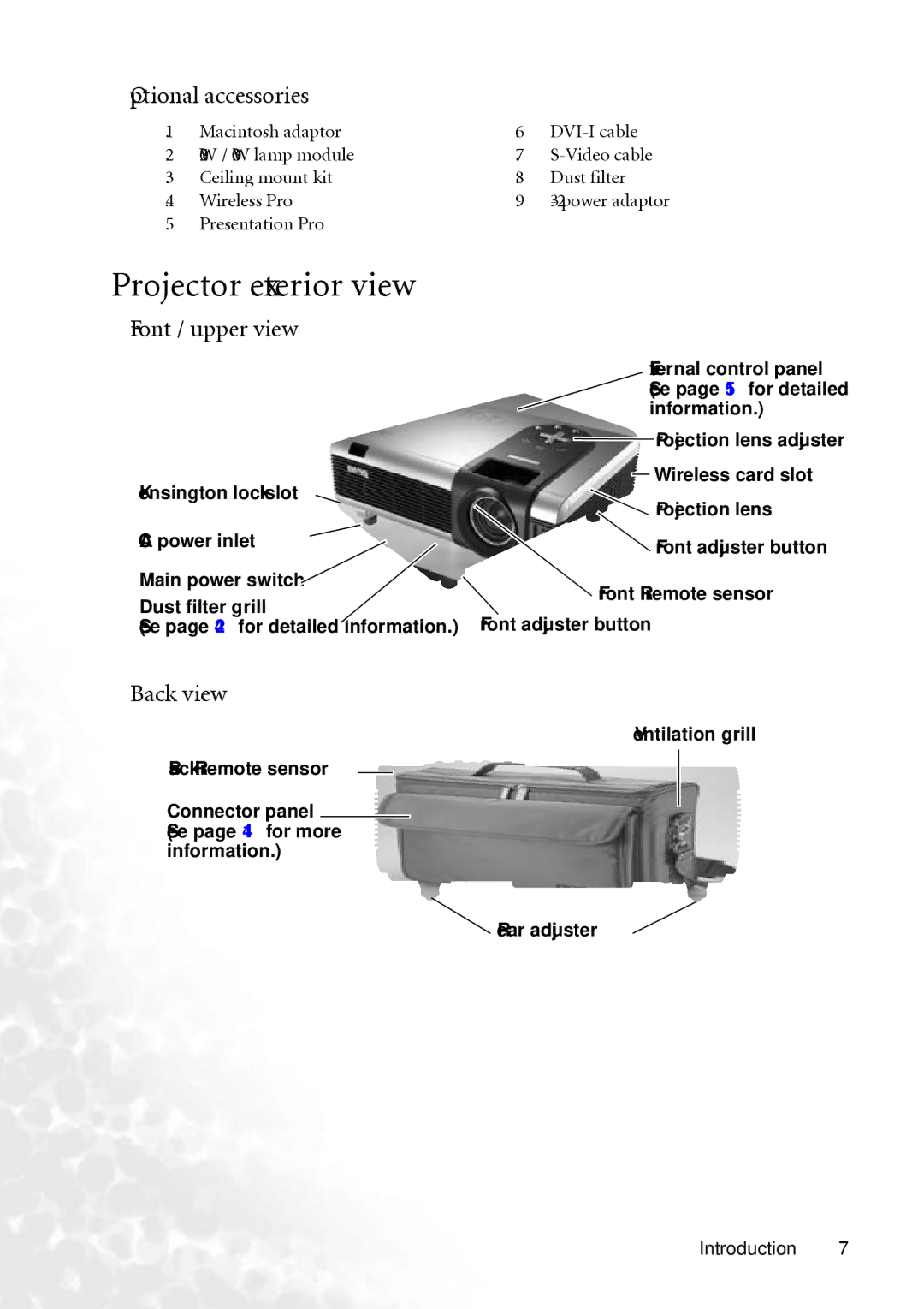 BenQ PB8260 user manual Projector exterior view, Optional accessories, Front / upper view, Back view 