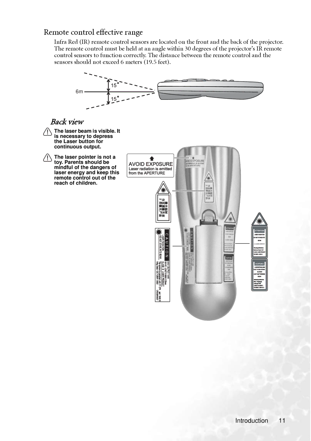 BenQ PB8260 user manual Remote control effective range, Back view 