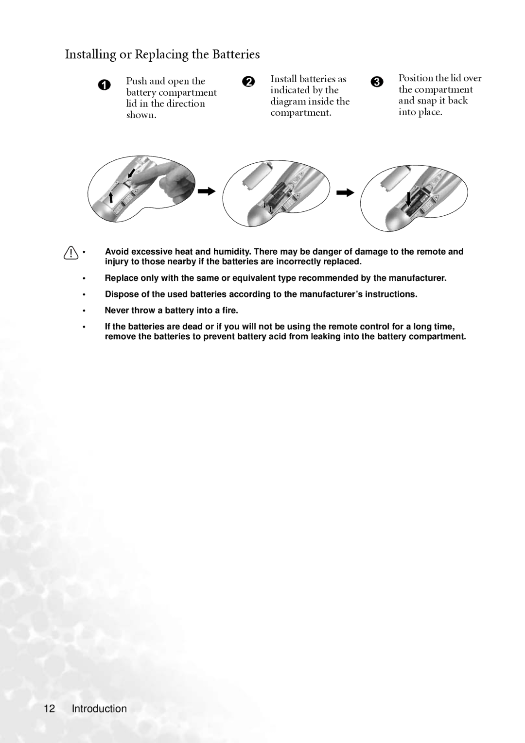 BenQ PB8260 user manual Installing or Replacing the Batteries, Push and open Install batteries as 