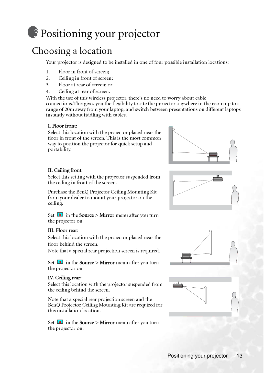 BenQ PB8260 user manual Positioning your projector, Choosing a location 