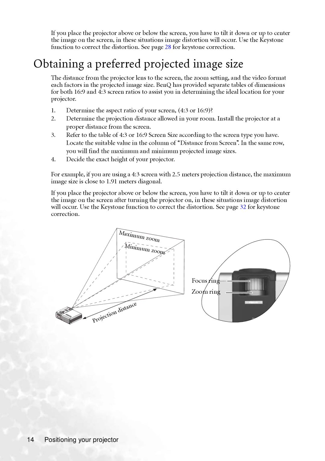 BenQ PB8260 user manual Obtaining a preferred projected image size, Focus ring Zoom ring Positioning your projector 