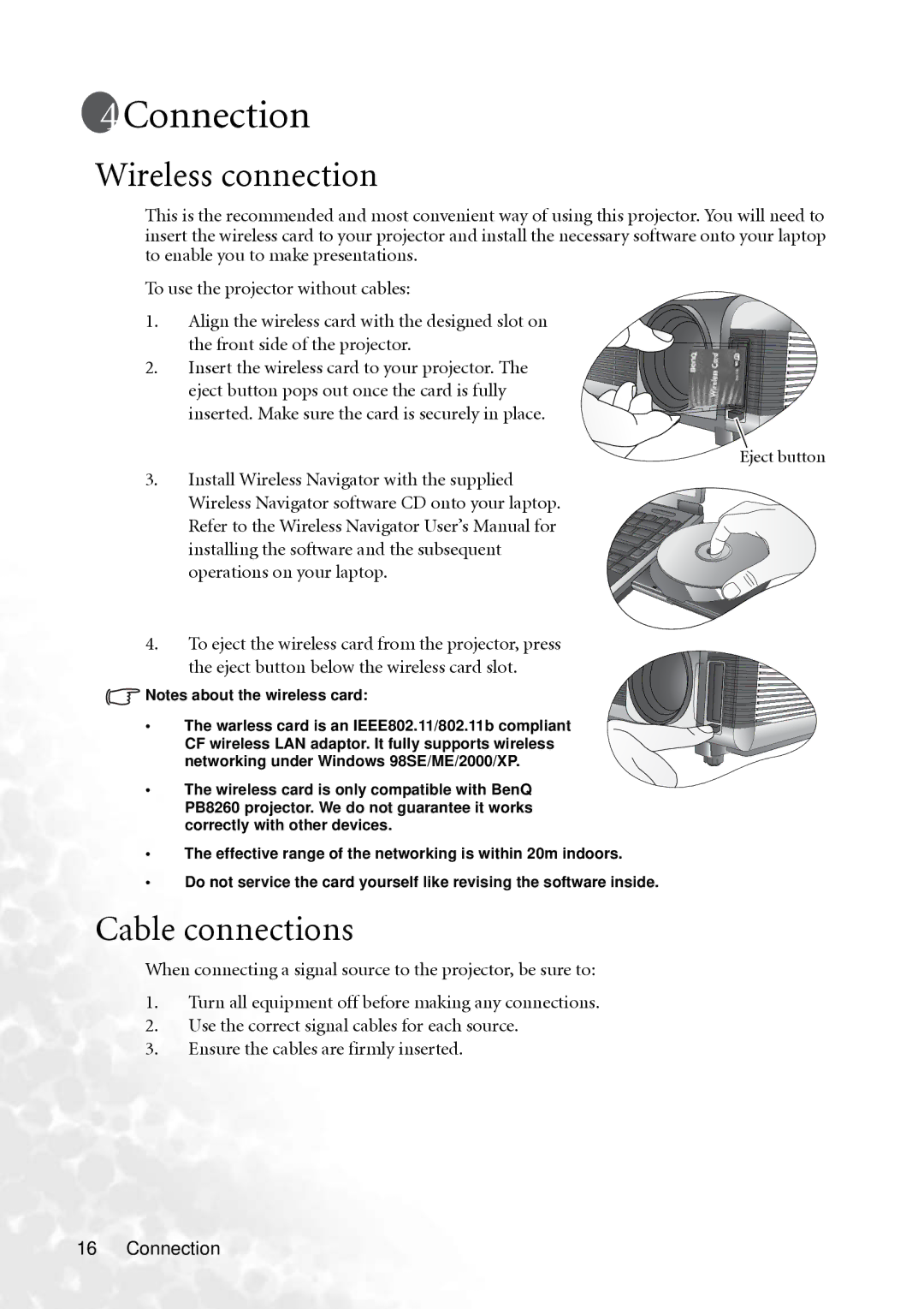 BenQ PB8260 user manual Connection, Wireless connection, Cable connections 