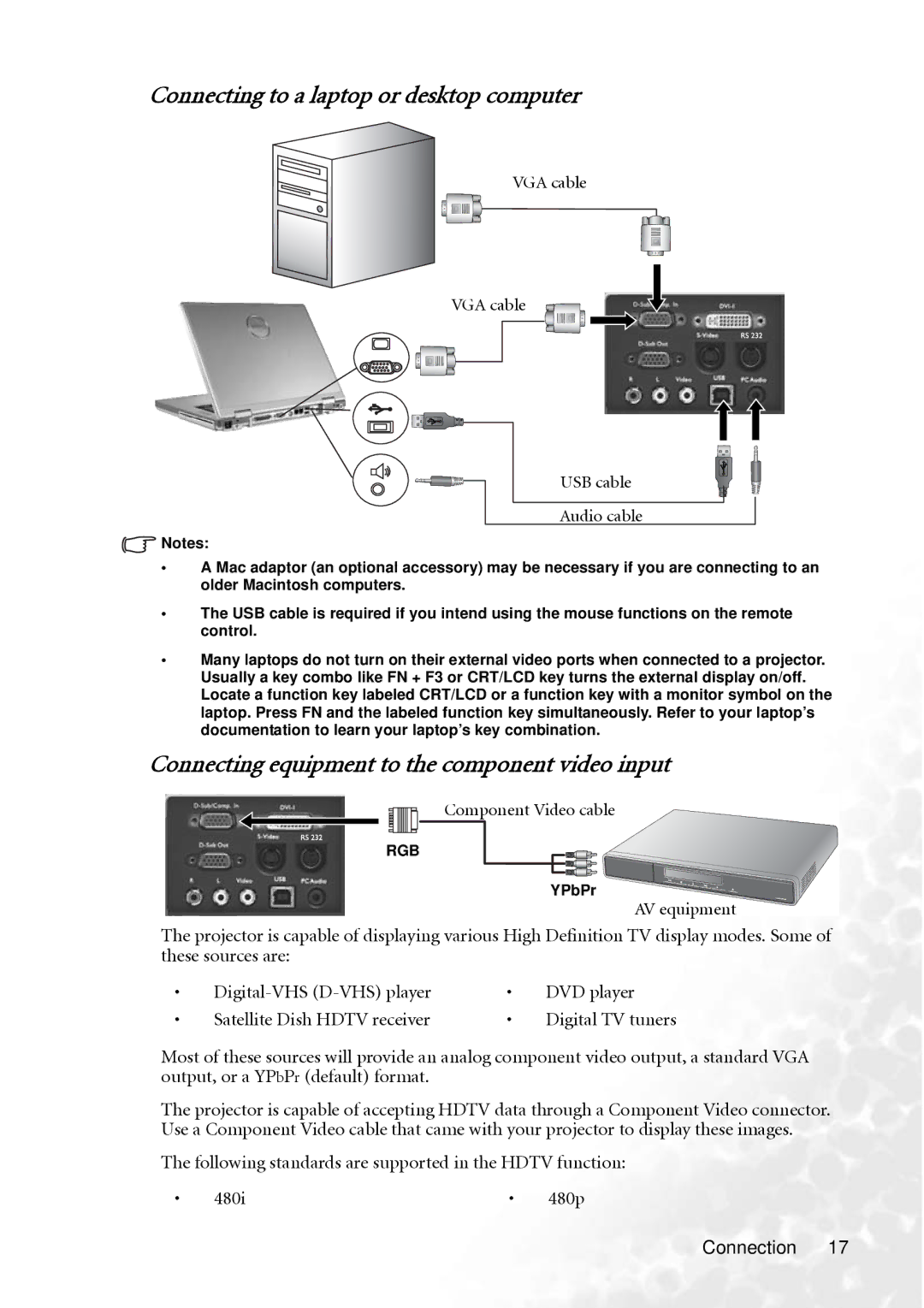 BenQ PB8260 VGA cable USB cable, Component Video cable, Following standards are supported in the Hdtv function 480i 