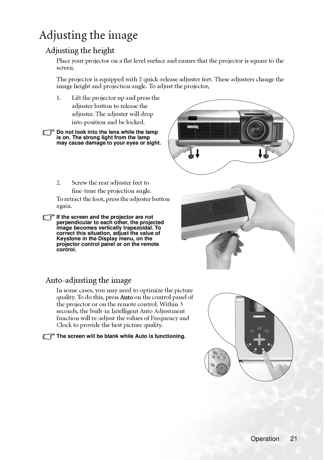 BenQ PB8260 user manual Adjusting the image, Adjusting the height, Auto-adjusting the image 