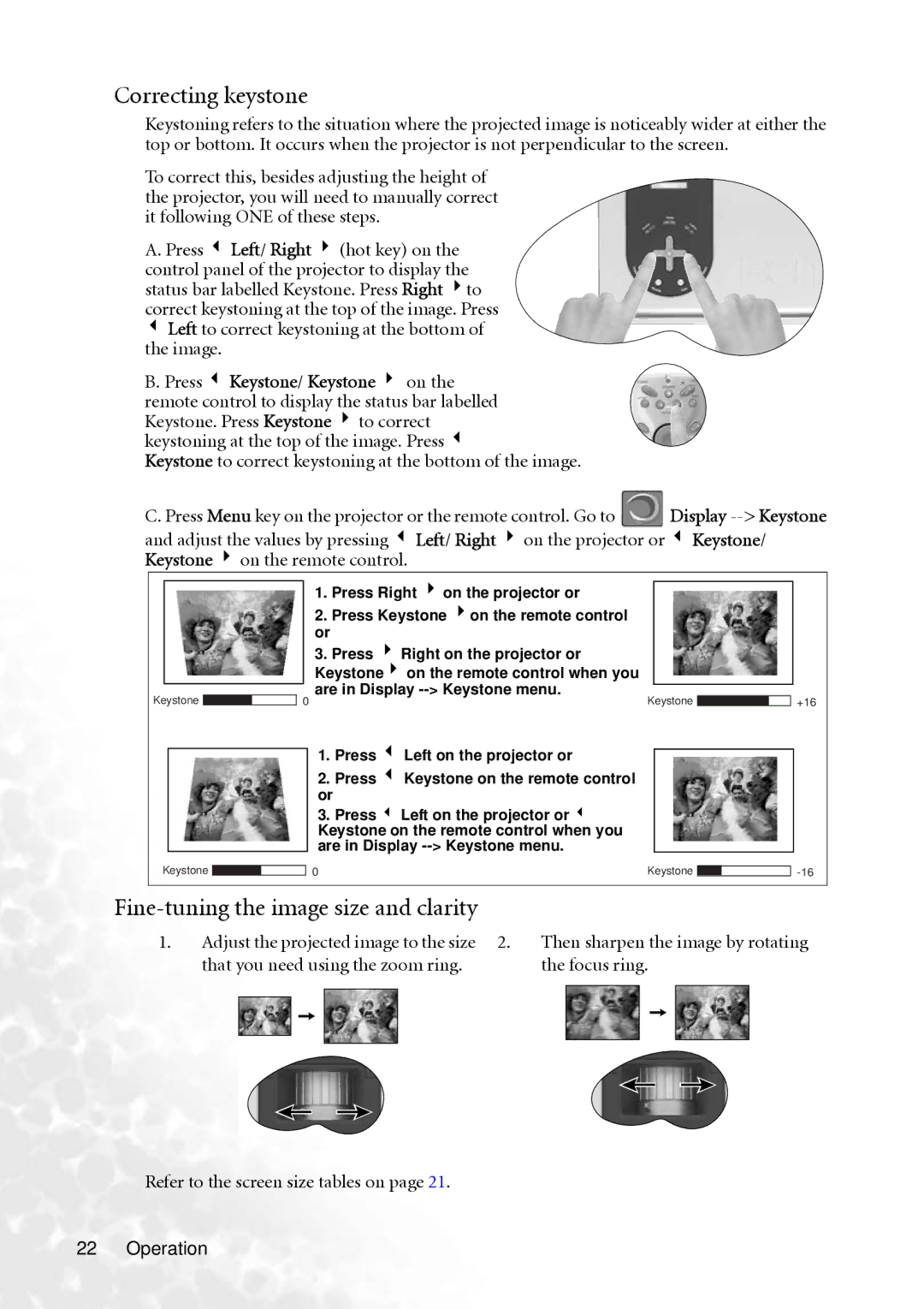 BenQ PB8260 user manual Correcting keystone, Fine-tuning the image size and clarity 