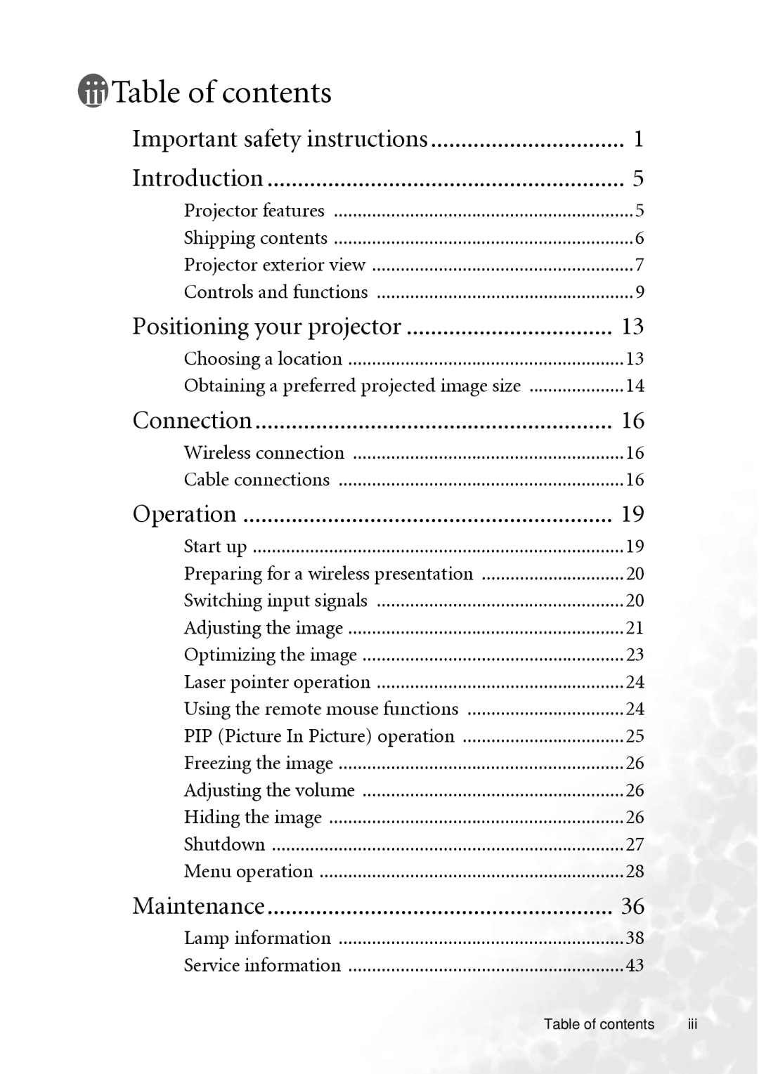 BenQ PB8260 user manual Table of contents 