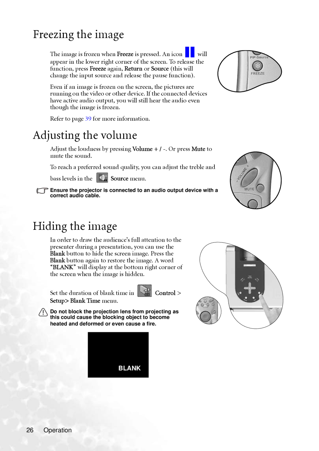 BenQ PB8260 user manual Freezing the image, Adjusting the volume, Hiding the image, Setup Blank Time menu 