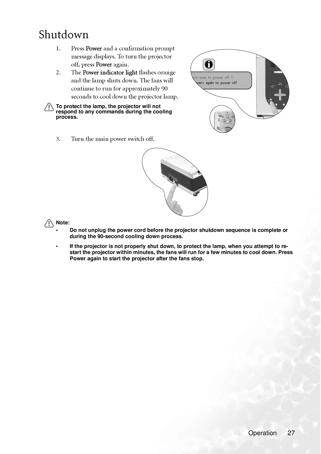 BenQ PB8260 user manual Shutdown, Turn the main power switch off 