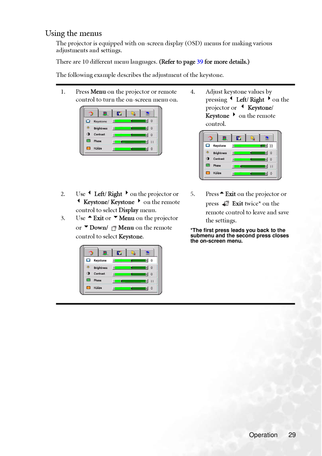 BenQ PB8260 user manual Using the menus 