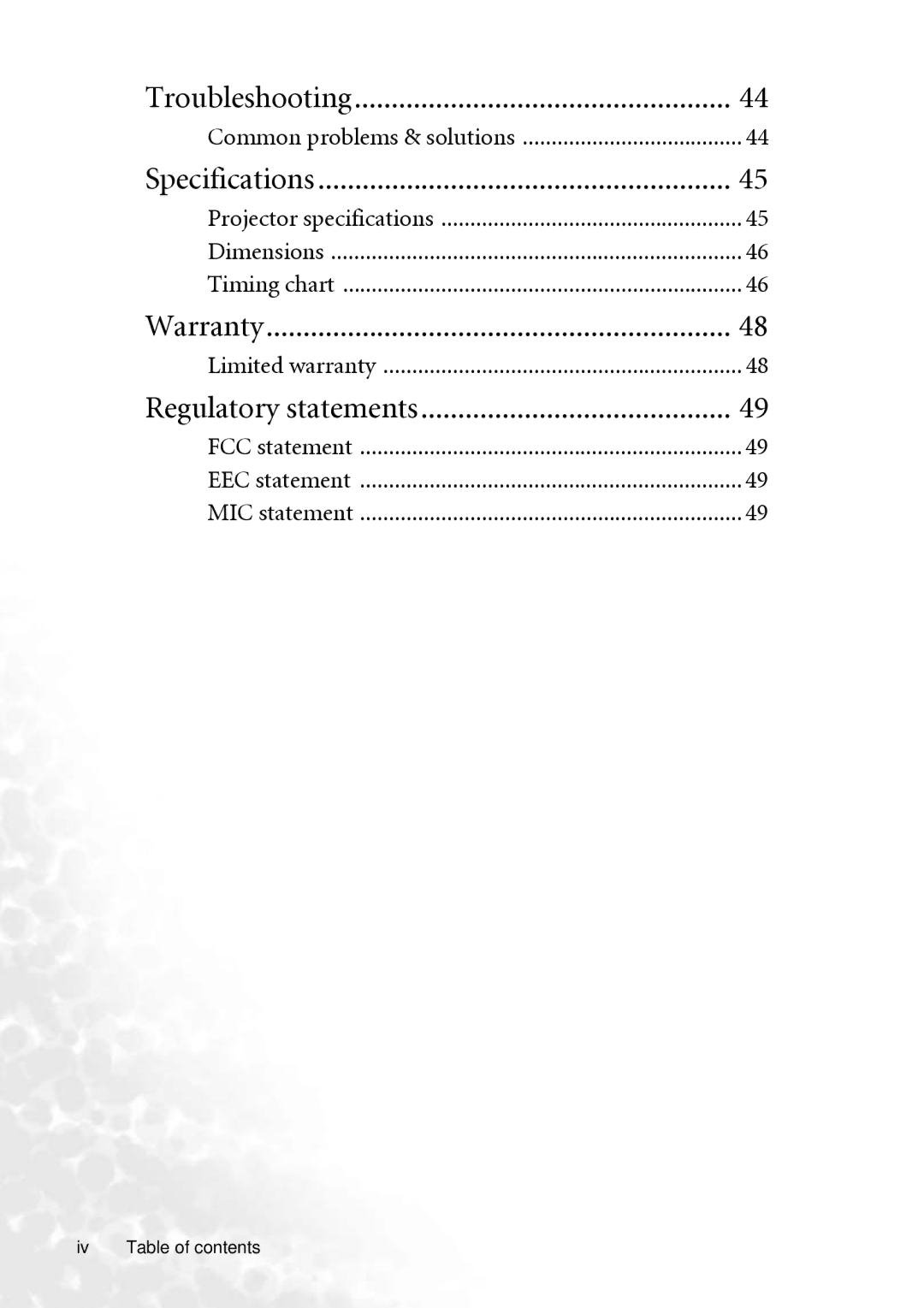 BenQ PB8260 user manual Iv Table of contents 