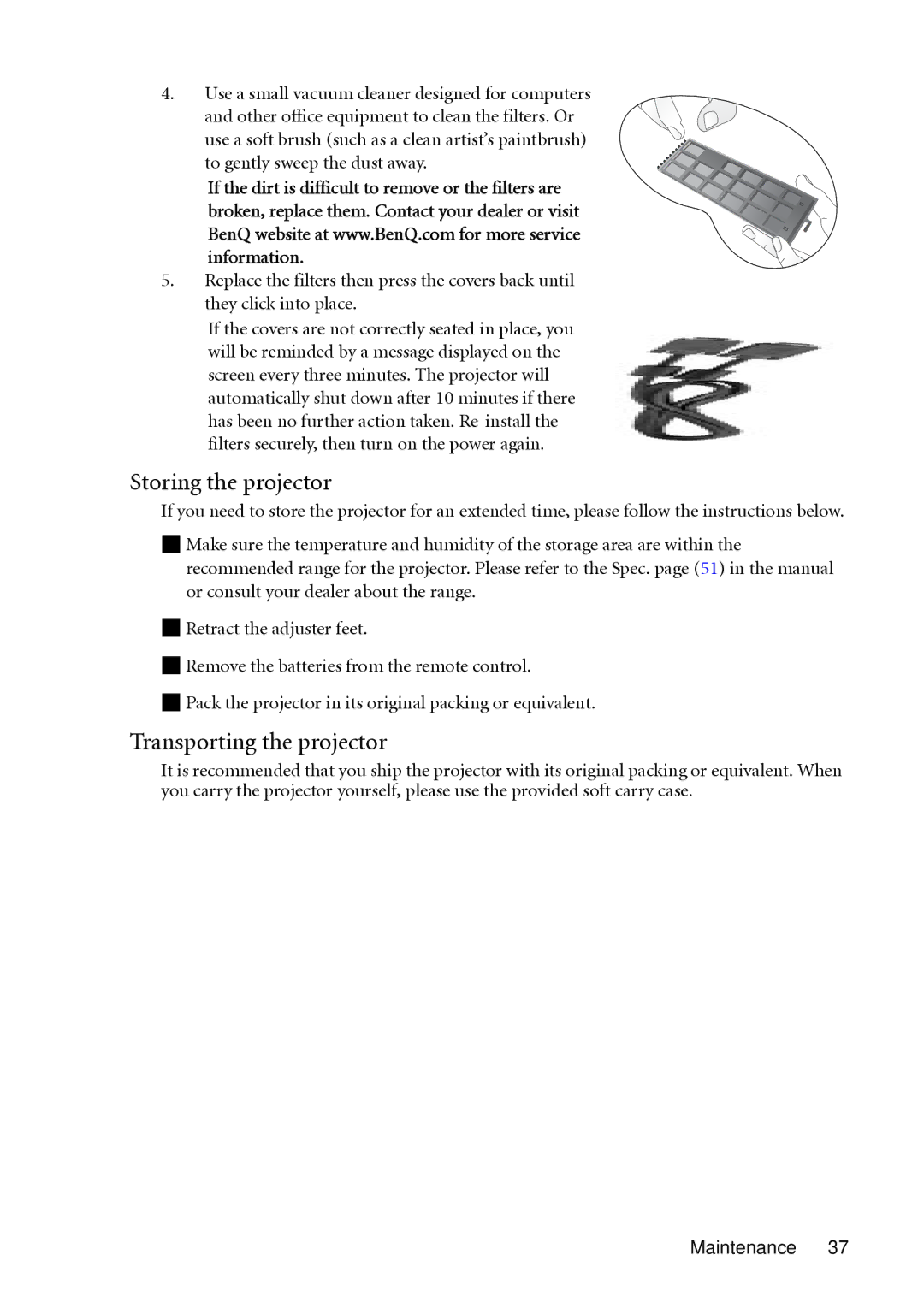 BenQ PB8260 user manual Storing the projector, Transporting the projector 