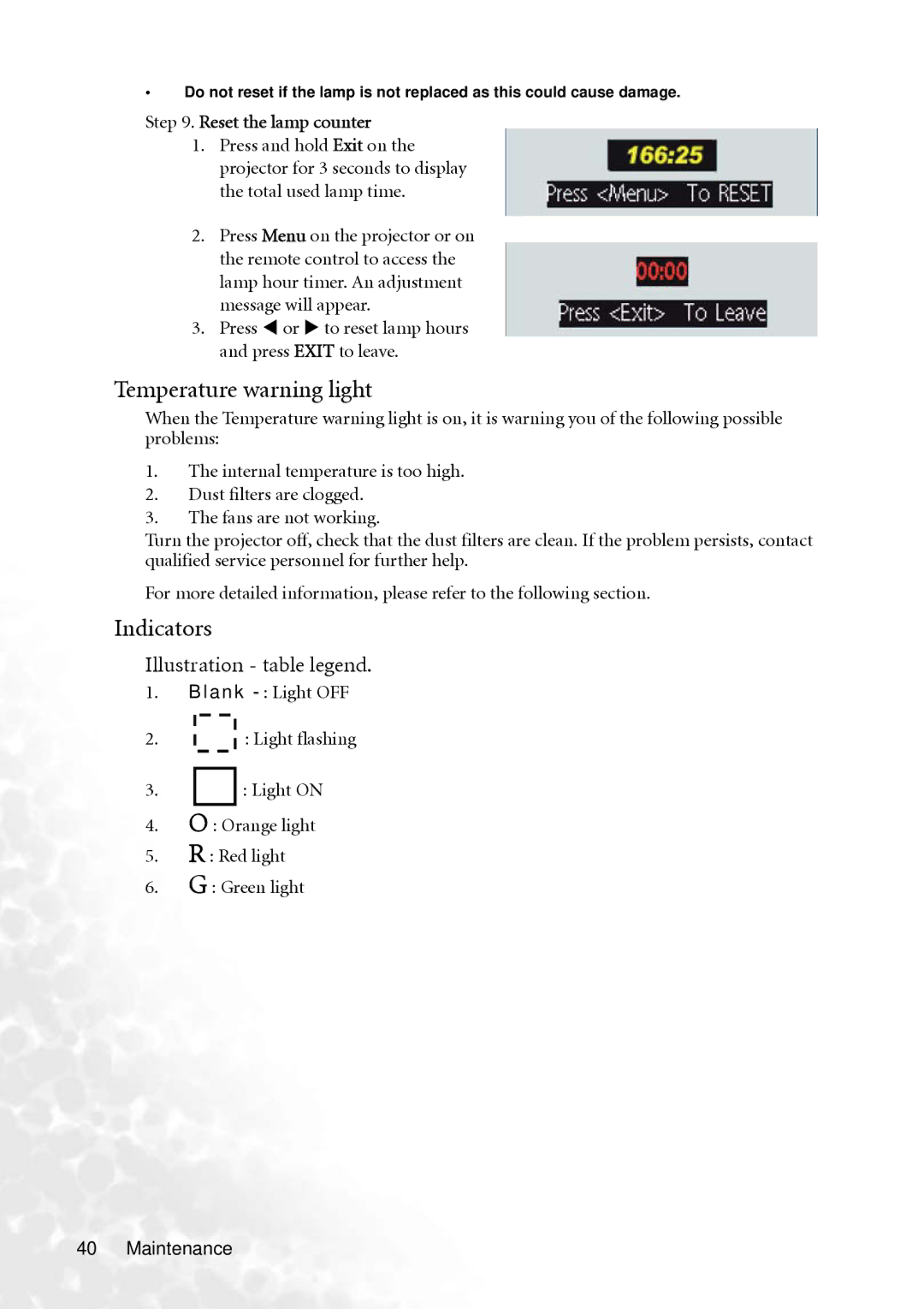 BenQ PB8260 user manual Temperature warning light, Indicators, Reset the lamp counter 