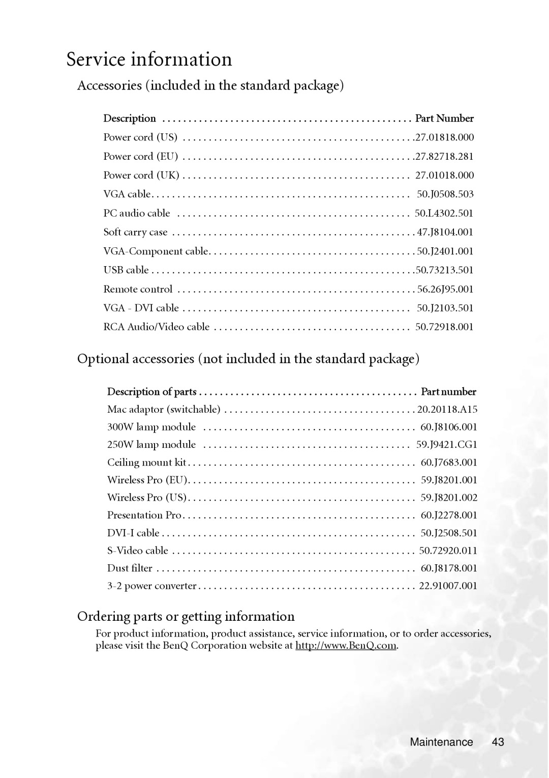 BenQ PB8260 Service information, Accessories included in the standard package, Ordering parts or getting information 