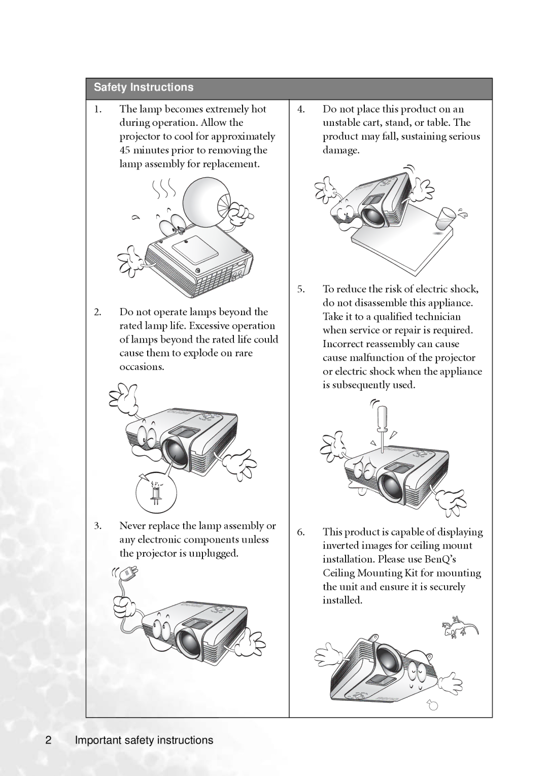 BenQ PB8260 user manual Safety Instructions 