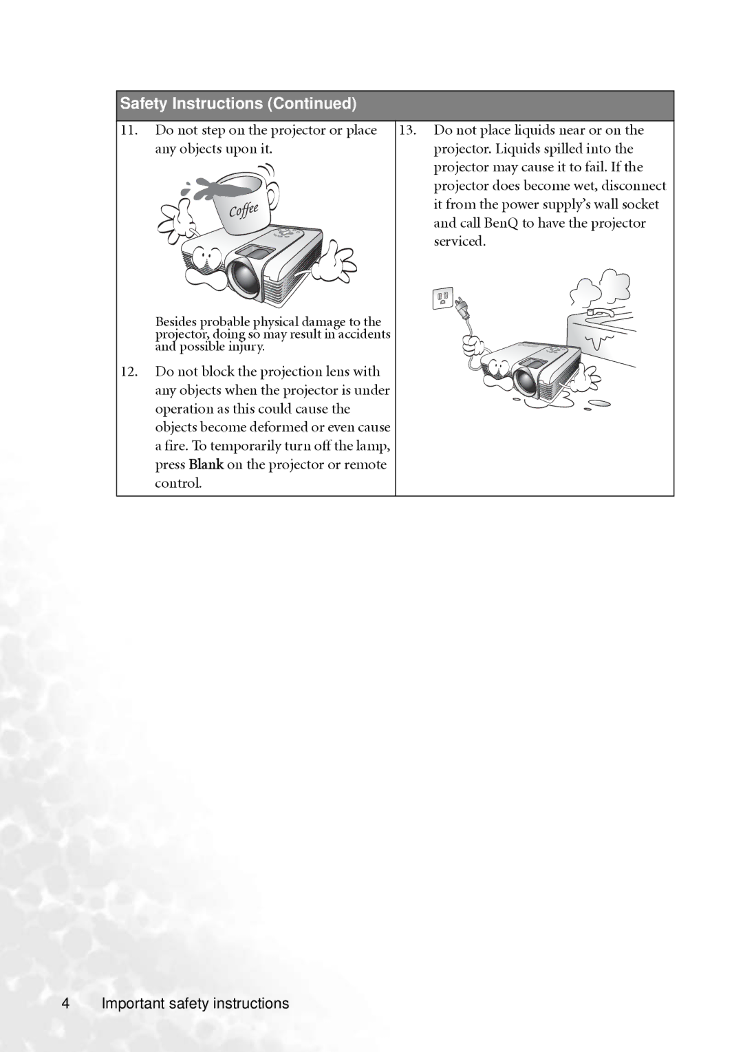 BenQ PB8260 user manual Safety Instructions 