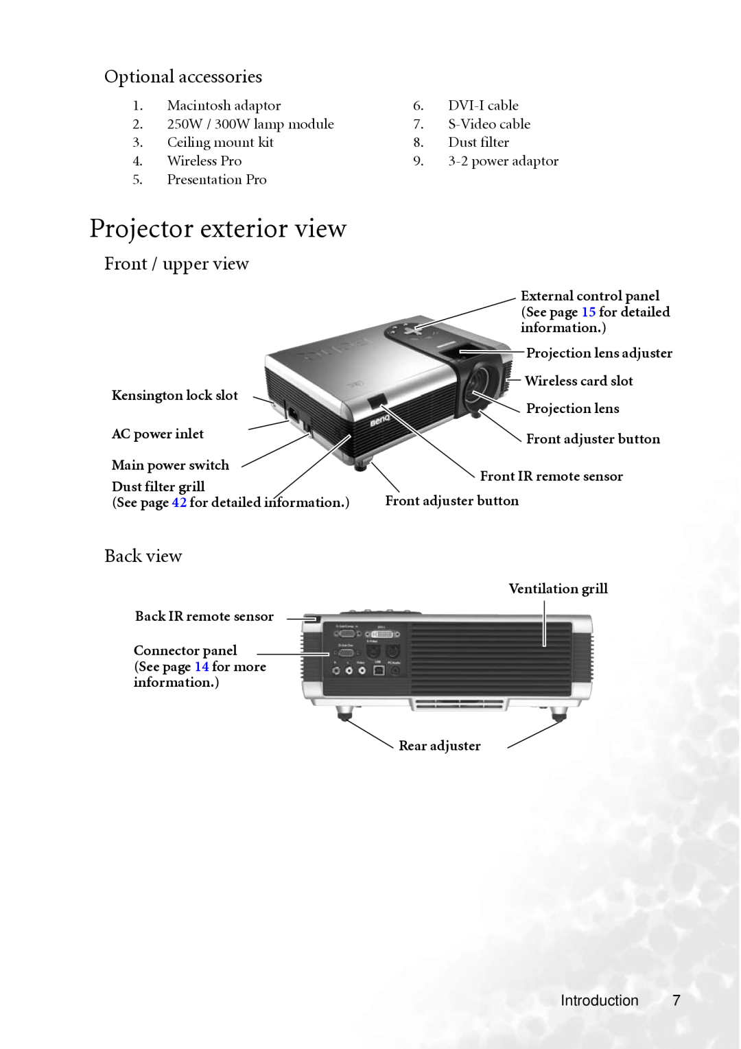 BenQ PB8260 user manual Projector exterior view, Optional accessories, Front / upper view, Back view, Dust filter grill 