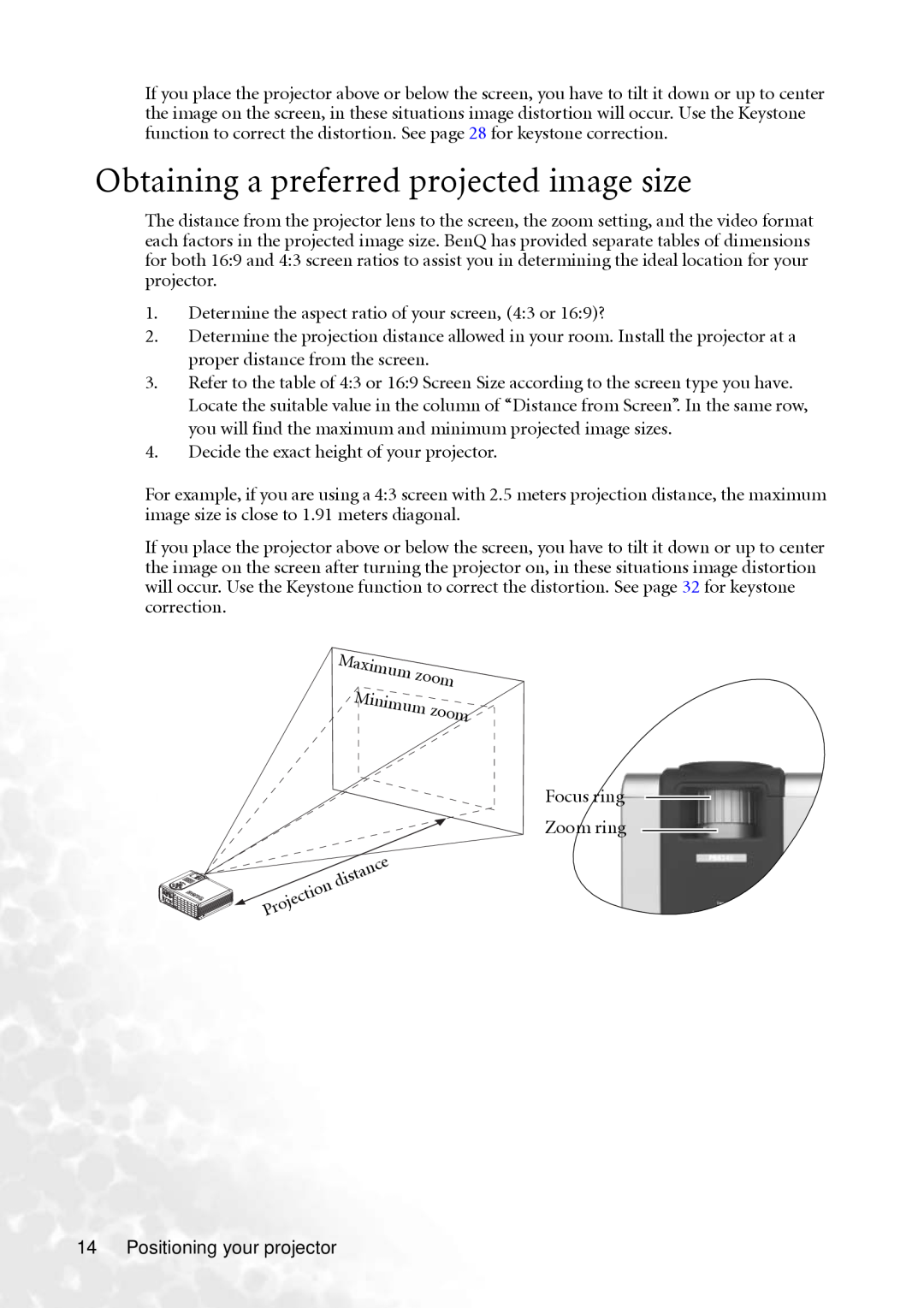 BenQ PB8260 user manual Obtaining a preferred projected image size 