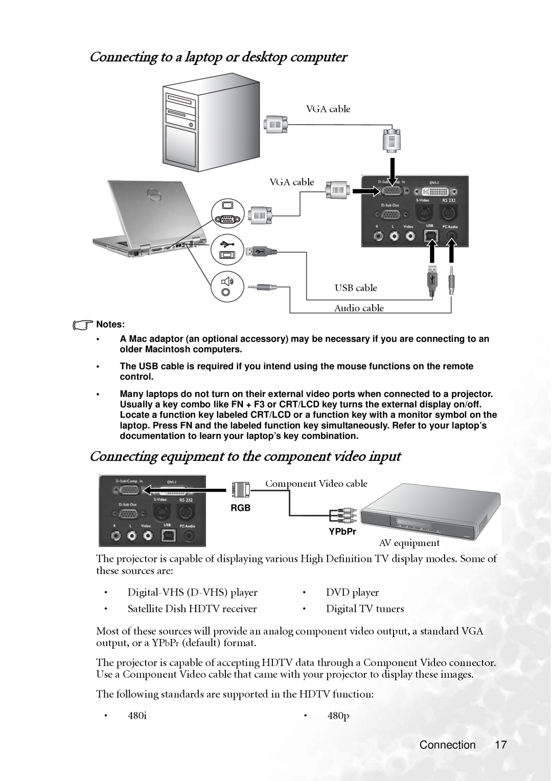BenQ PB8260 user manual Connecting to a laptop or desktop computer, Connecting equipment to the component video input 