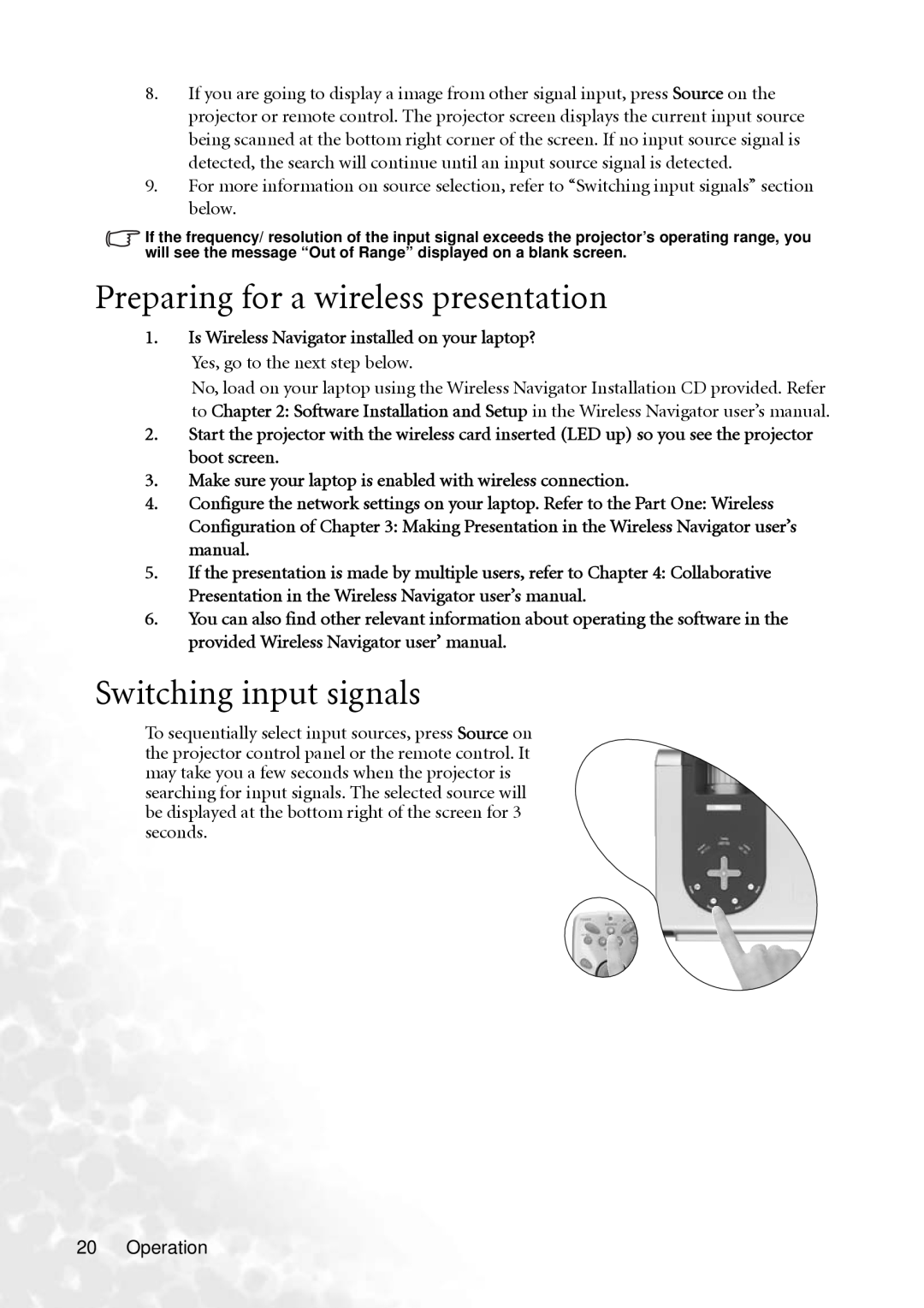 BenQ PB8260 user manual Preparing for a wireless presentation, Switching input signals 