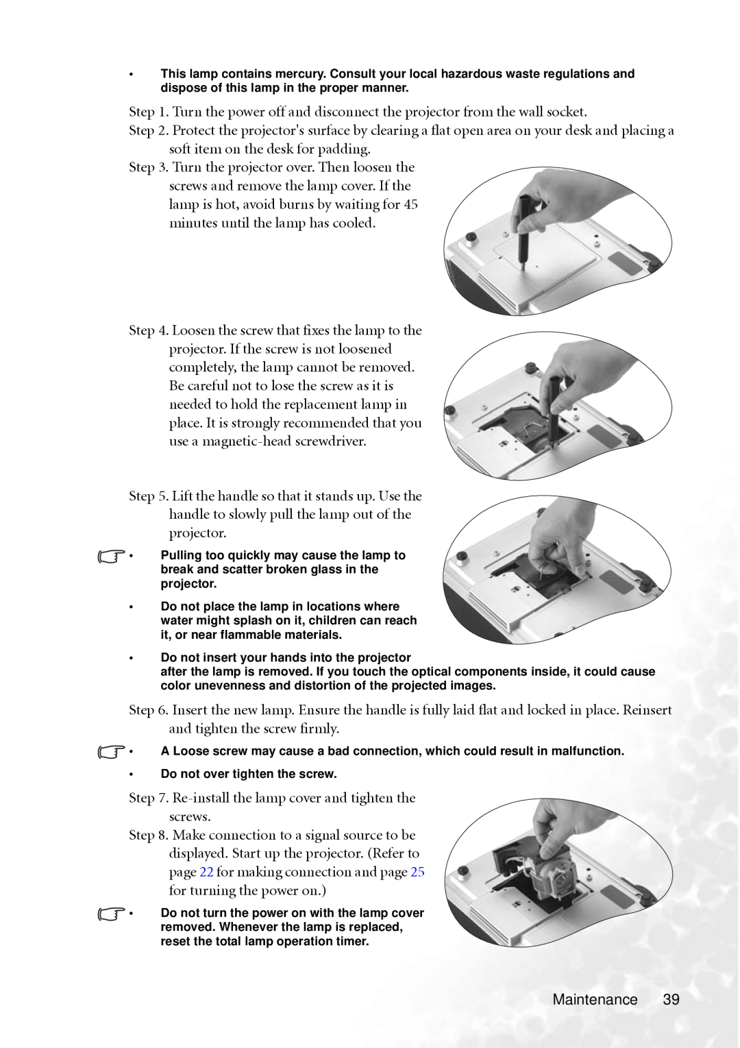 BenQ PB8260 user manual Do not insert your hands into the projector 