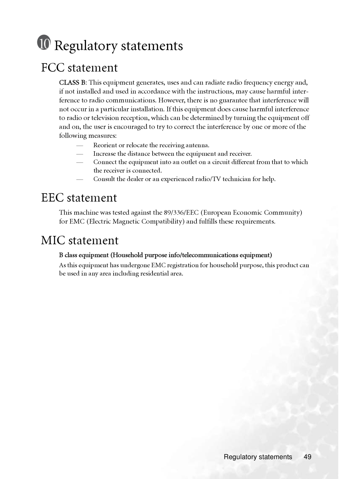 BenQ PB8260 user manual Regulatory statements, FCC statement, EEC statement, MIC statement 