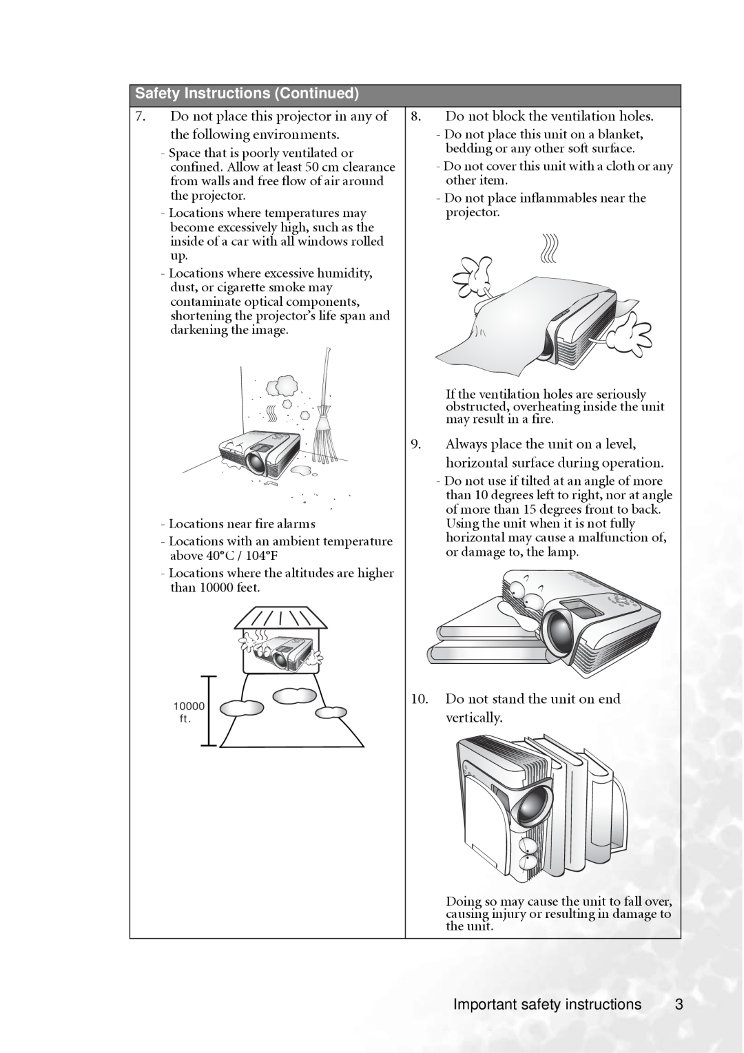 BenQ PB8260 user manual Safety Instructions Continued, 10000 ft 