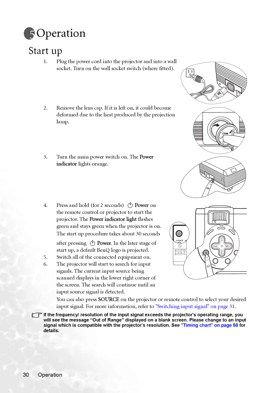 BenQ PB8263 user manual Operation, Start up, Power on 