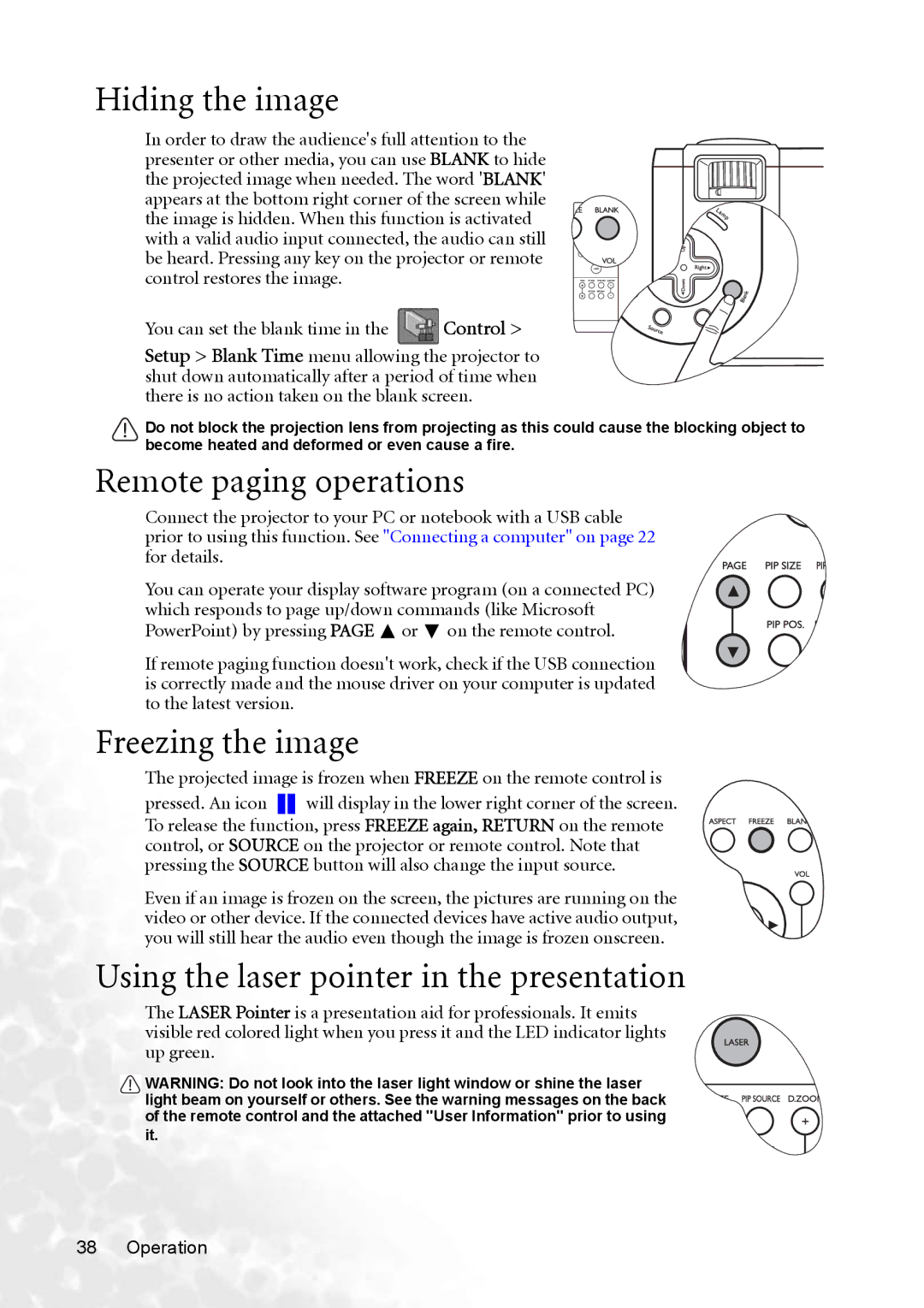 BenQ PB8263 Hiding the image, Remote paging operations, Freezing the image, Using the laser pointer in the presentation 