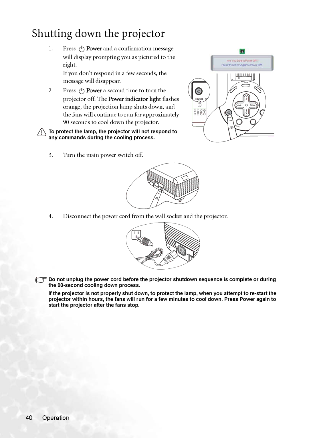 BenQ PB8263 user manual Shutting down the projector 