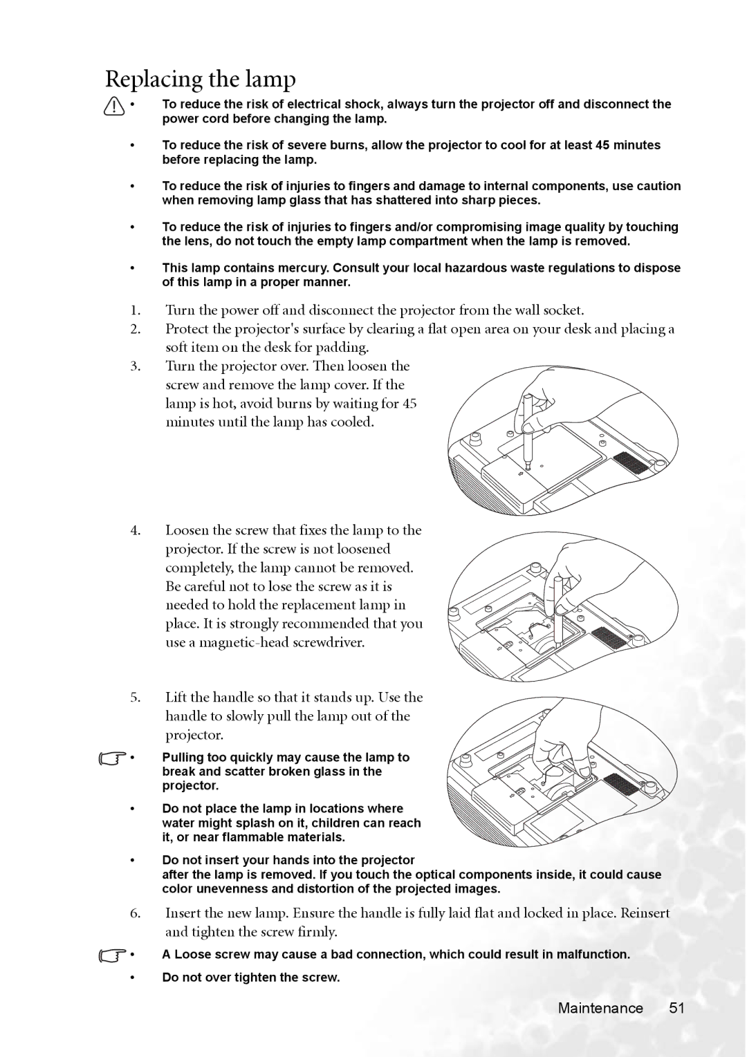 BenQ PB8263 user manual Replacing the lamp 