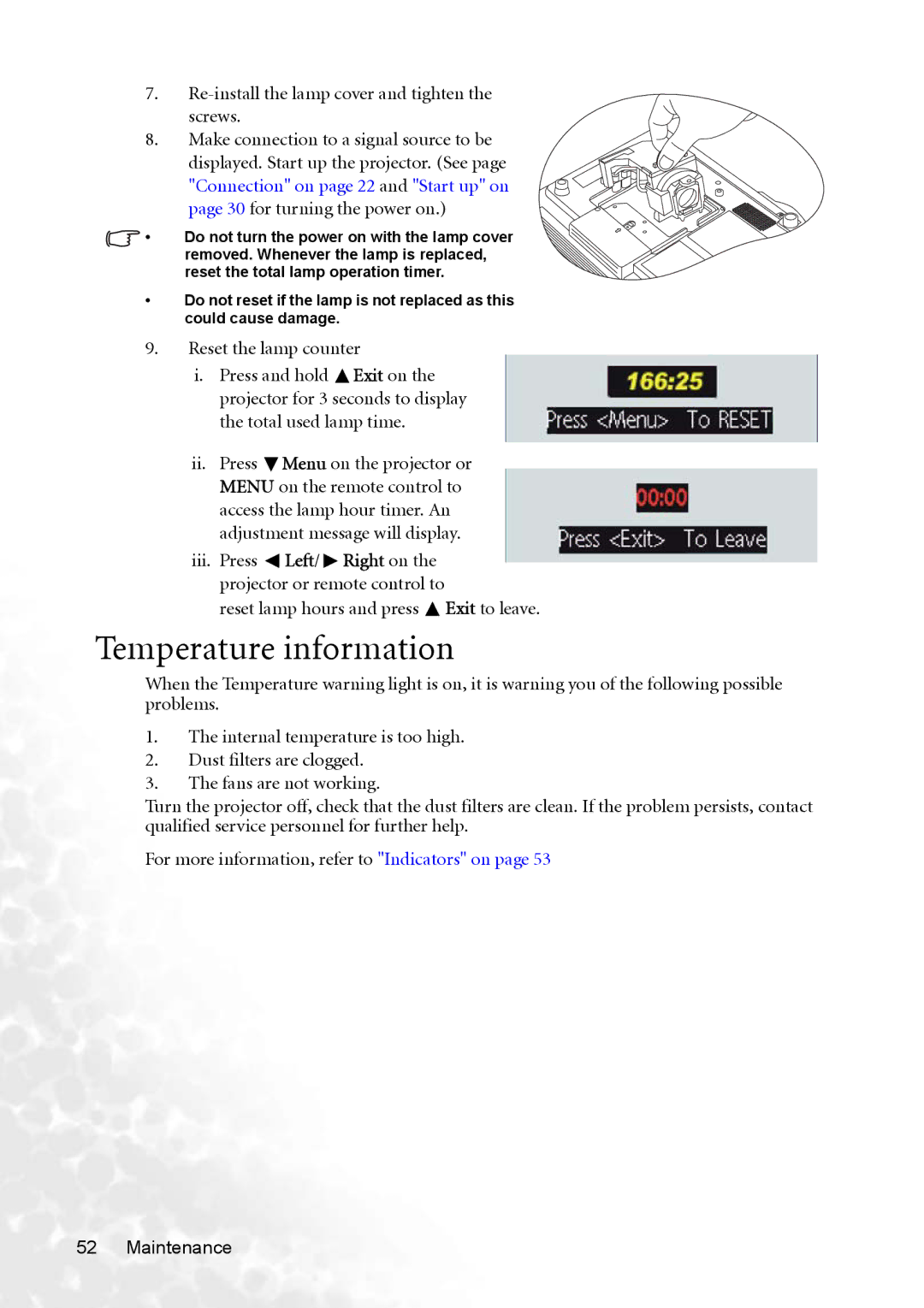 BenQ PB8263 user manual Temperature information, Re-install the lamp cover and tighten the screws 