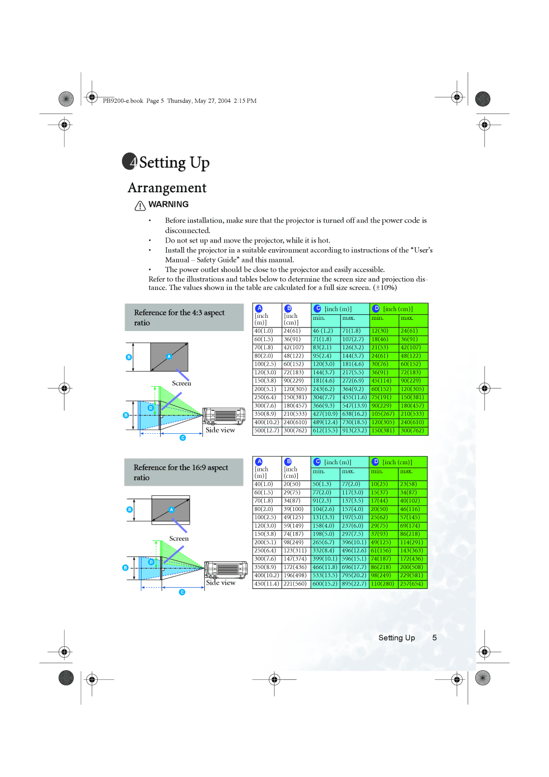 BenQ PB9200 user manual Setting Up, Arrangement, Reference for the 43 aspect ratio, Reference for the 169 aspect ratio 