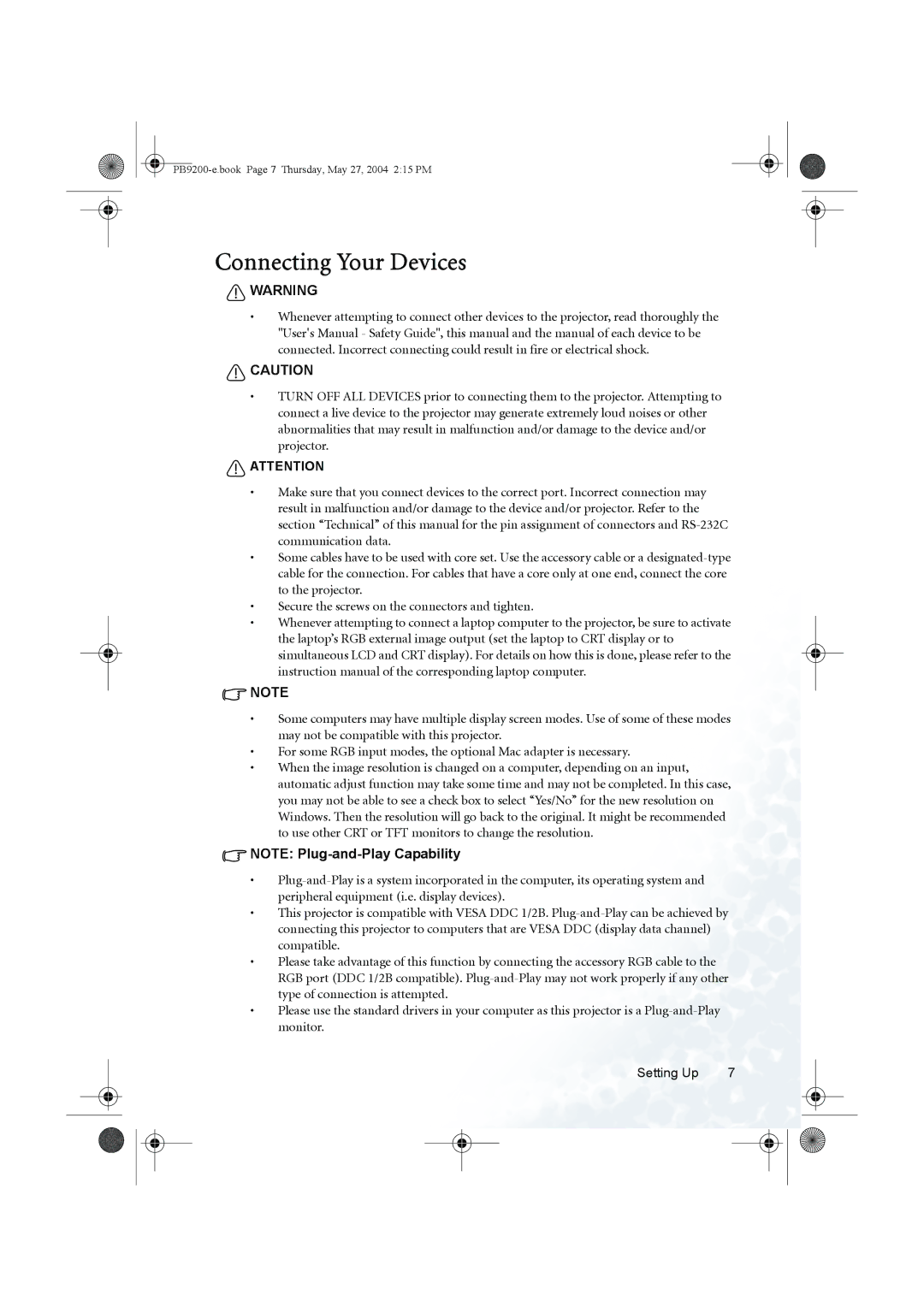 BenQ PB9200 user manual Connecting Your Devices 