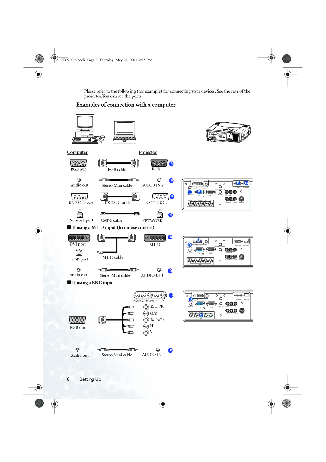 BenQ PB9200 user manual ComputerProjector, If using a M1-D input to mouse control, If using a BNC input 