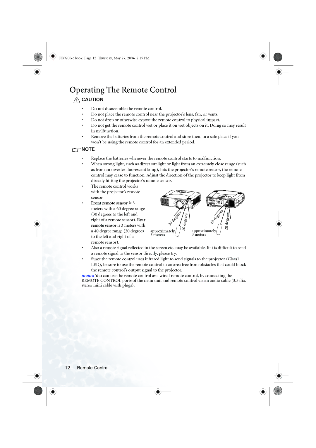 BenQ PB9200 user manual Operating The Remote Control, Meters with a 60 degree range Degrees to the left 