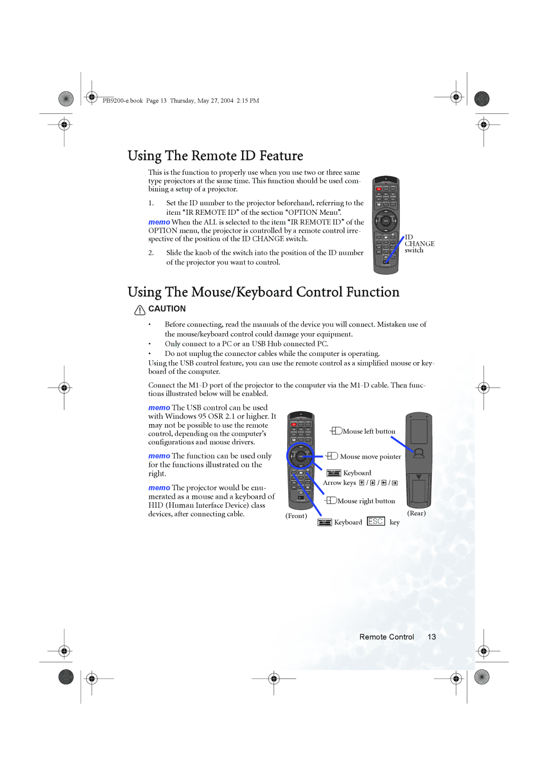 BenQ PB9200 user manual Using The Remote ID Feature, Using The Mouse/Keyboard Control Function, ID Change switch 