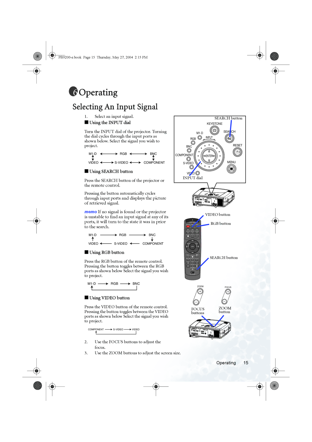 BenQ PB9200 user manual Operating, Selecting An Input Signal 