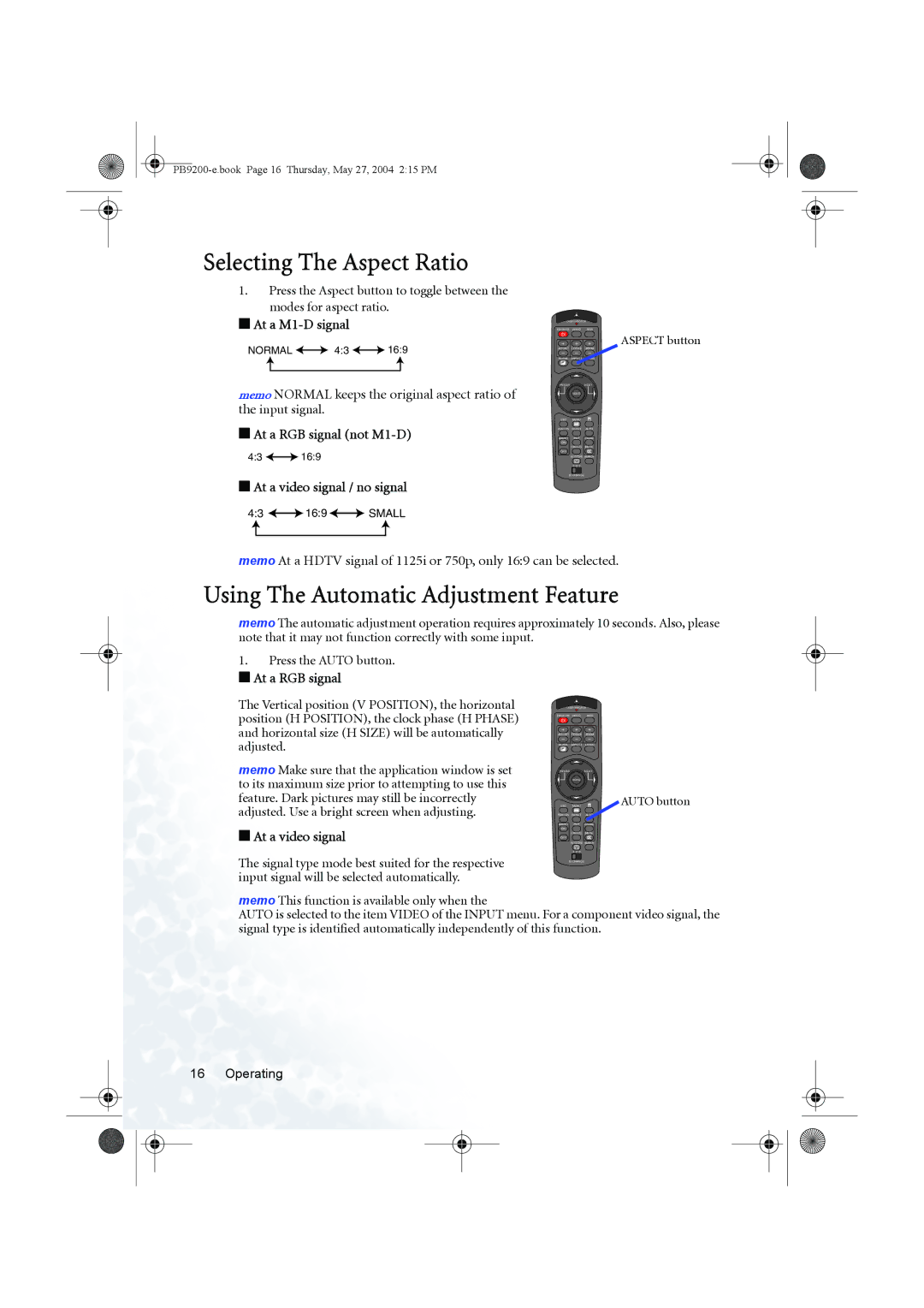 BenQ PB9200 user manual Selecting The Aspect Ratio, Using The Automatic Adjustment Feature 