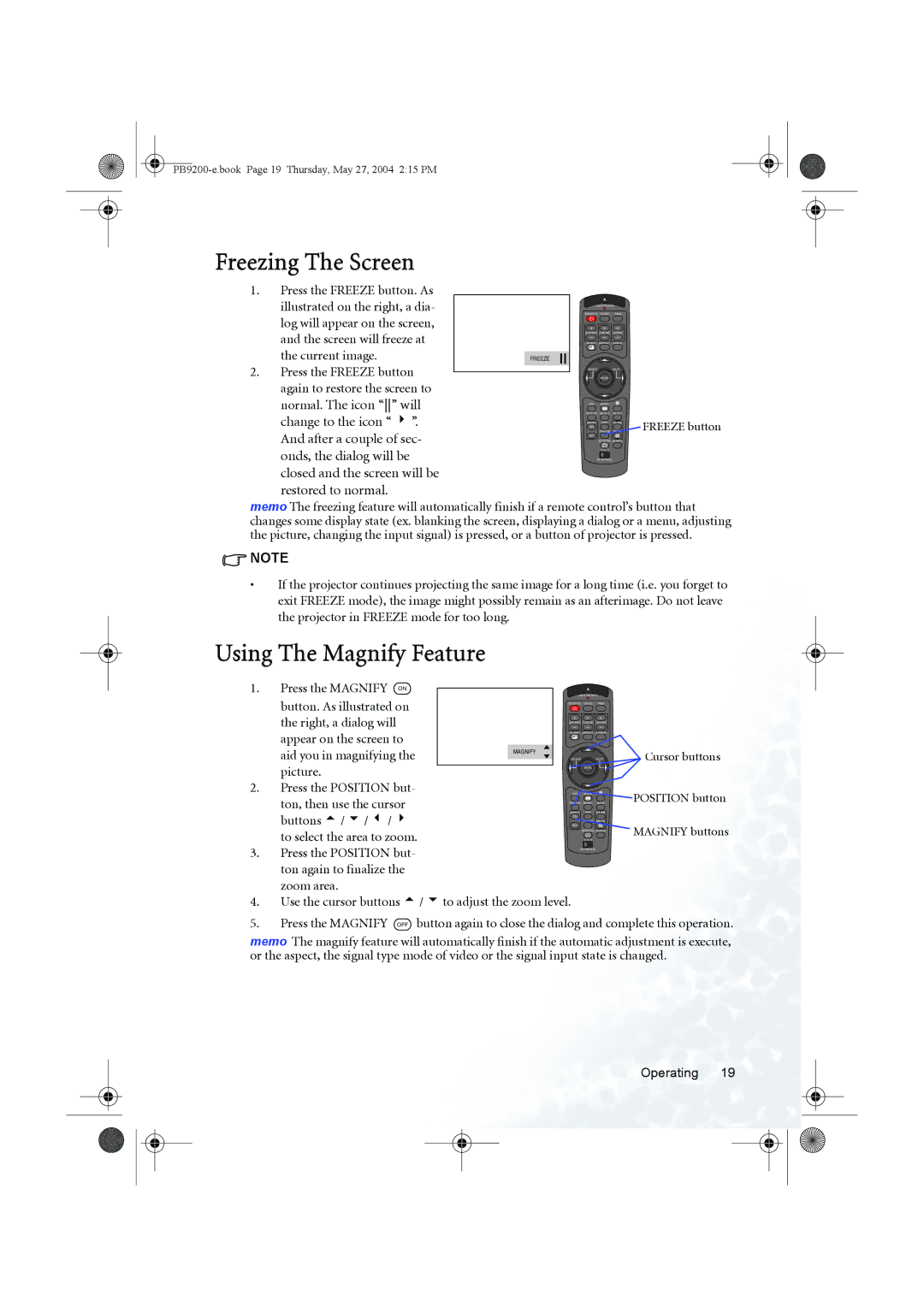 BenQ PB9200 user manual Freezing The Screen, Using The Magnify Feature 