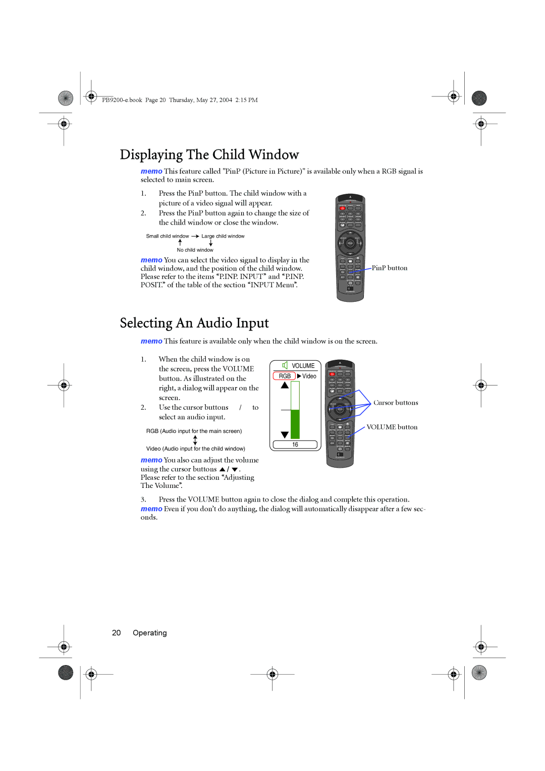 BenQ PB9200 user manual Displaying The Child Window, Selecting An Audio Input 