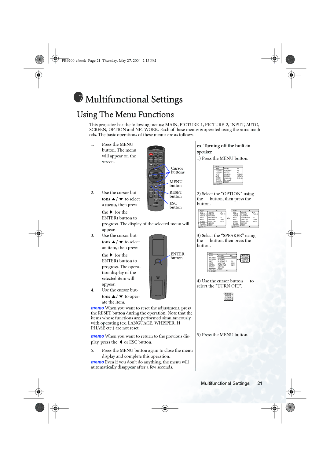 BenQ PB9200 user manual Multifunctional Settings, Using The Menu Functions, Ex. Turning off the built-in speaker, Enter 