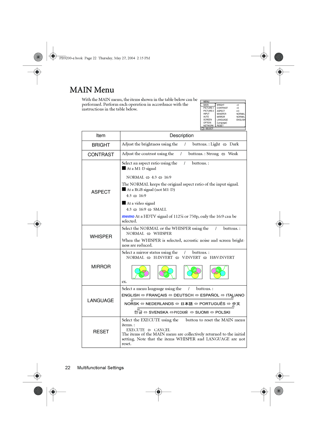 BenQ PB9200 user manual Main Menu 